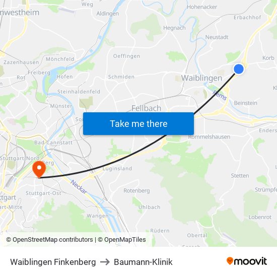 Waiblingen Finkenberg to Baumann-Klinik map