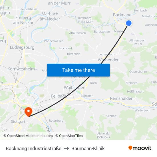 Backnang Industriestraße to Baumann-Klinik map