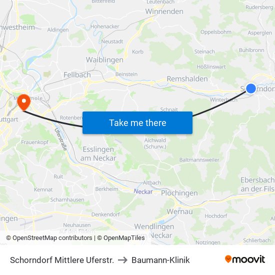 Schorndorf Mittlere Uferstr. to Baumann-Klinik map