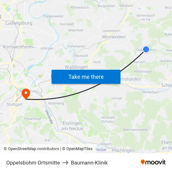 Oppelsbohm Ortsmitte to Baumann-Klinik map