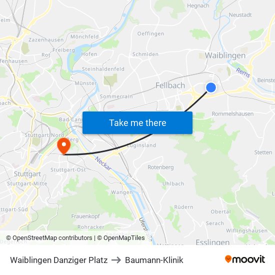 Waiblingen Danziger Platz to Baumann-Klinik map