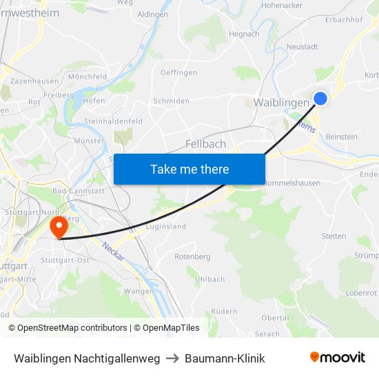 Waiblingen Nachtigallenweg to Baumann-Klinik map