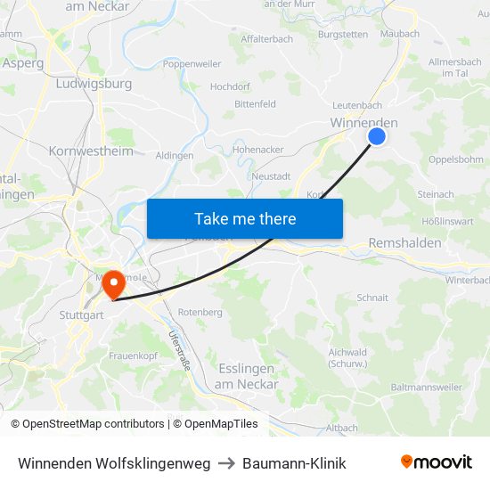 Winnenden Wolfsklingenweg to Baumann-Klinik map