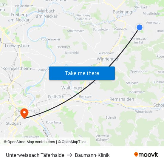 Unterweissach Täferhalde to Baumann-Klinik map