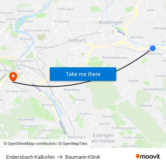 Endersbach Kalkofen to Baumann-Klinik map