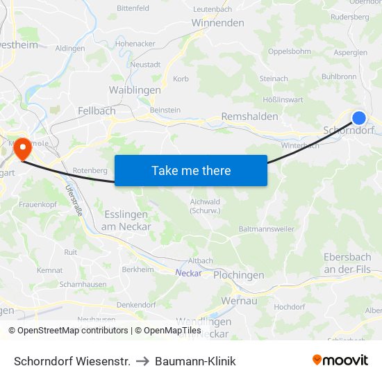 Schorndorf Wiesenstr. to Baumann-Klinik map