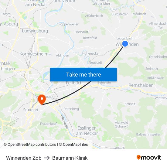 Winnenden Zob to Baumann-Klinik map