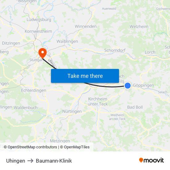 Uhingen to Baumann-Klinik map
