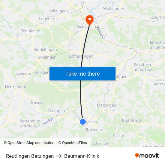 Reutlingen-Betzingen to Baumann-Klinik map