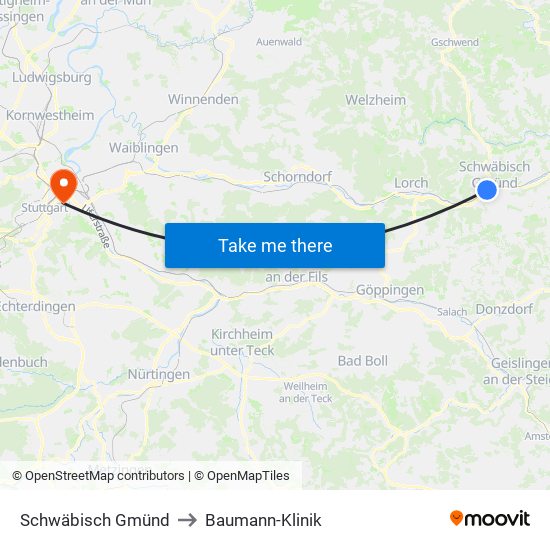 Schwäbisch Gmünd to Baumann-Klinik map