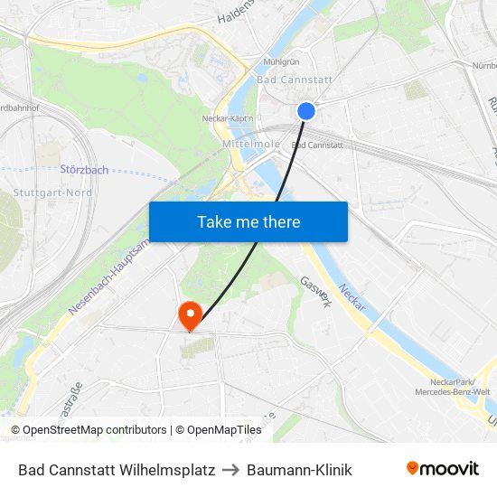 Bad Cannstatt Wilhelmsplatz to Baumann-Klinik map