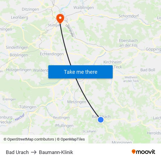 Bad Urach to Baumann-Klinik map