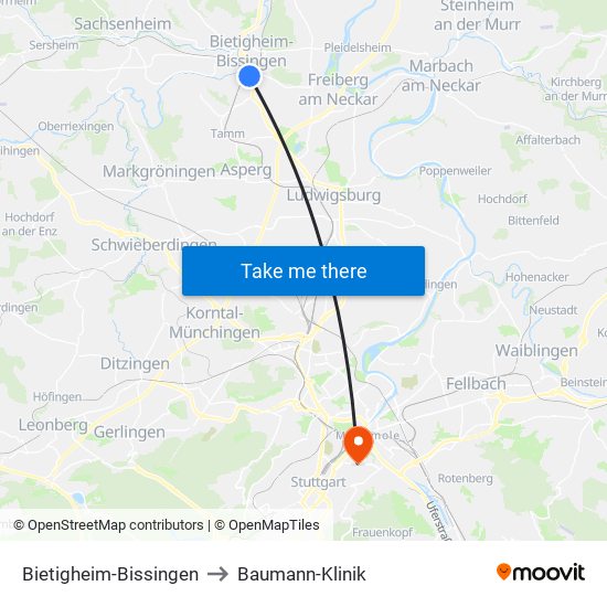 Bietigheim-Bissingen to Baumann-Klinik map