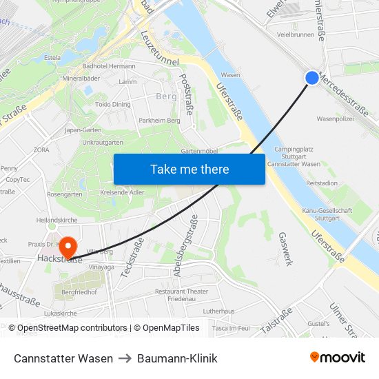 Cannstatter Wasen to Baumann-Klinik map