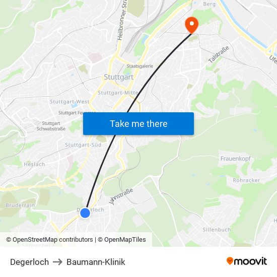 Degerloch to Baumann-Klinik map