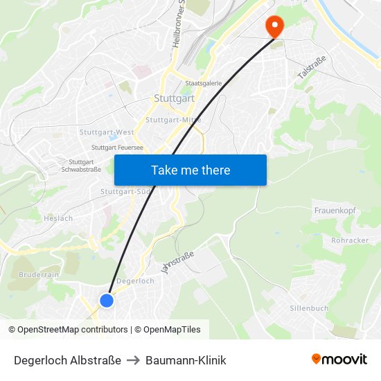 Degerloch Albstraße to Baumann-Klinik map