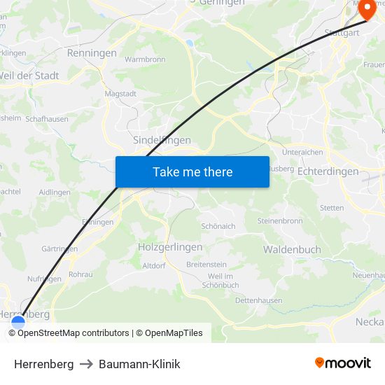 Herrenberg to Baumann-Klinik map