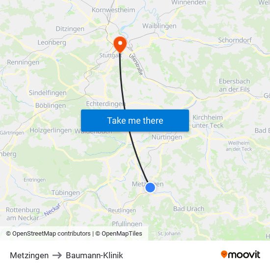 Metzingen to Baumann-Klinik map