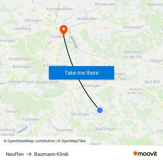 Neuffen to Baumann-Klinik map