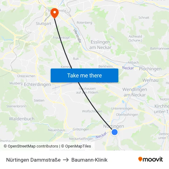 Nürtingen Dammstraße to Baumann-Klinik map