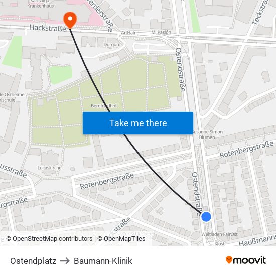 Ostendplatz to Baumann-Klinik map