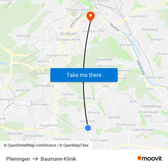 Plieningen to Baumann-Klinik map