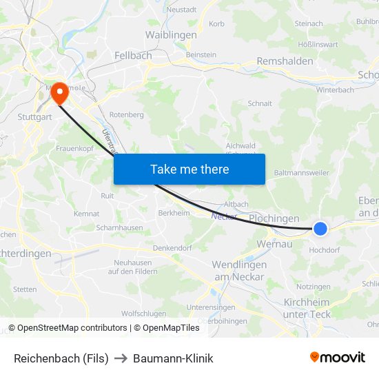 Reichenbach (Fils) to Baumann-Klinik map