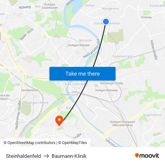 Steinhaldenfeld to Baumann-Klinik map