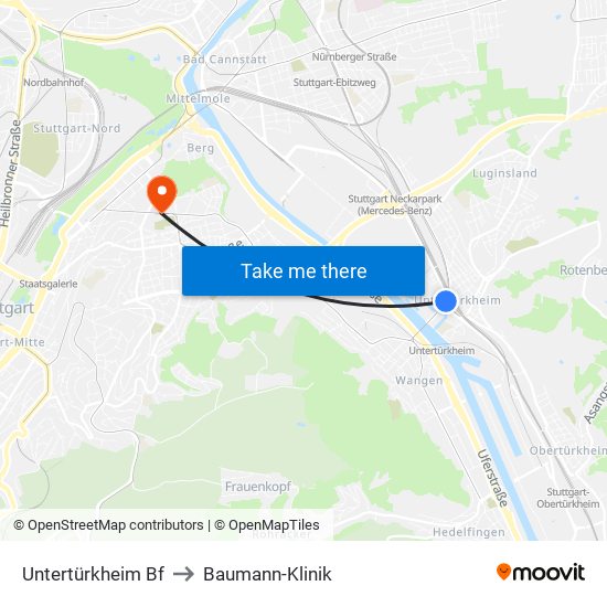 Untertürkheim Bf to Baumann-Klinik map
