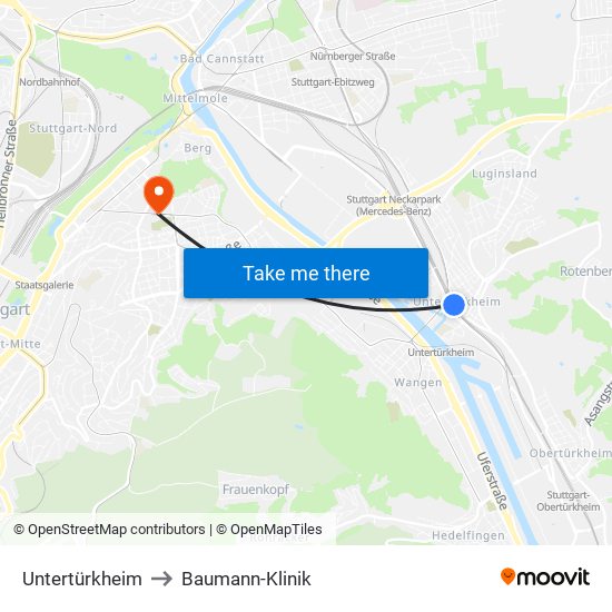 Untertürkheim to Baumann-Klinik map