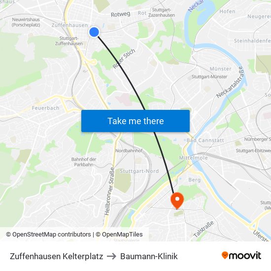 Zuffenhausen Kelterplatz to Baumann-Klinik map