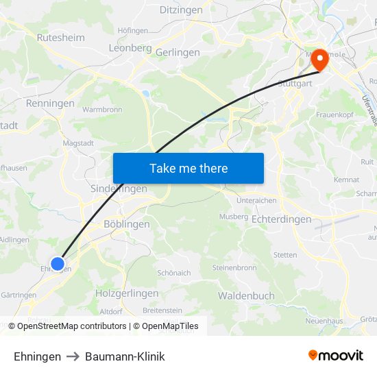 Ehningen to Baumann-Klinik map
