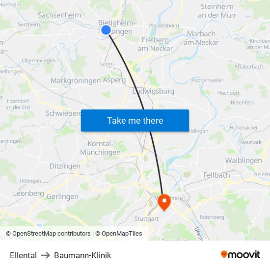 Ellental to Baumann-Klinik map