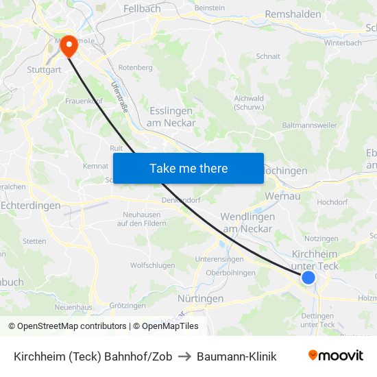 Kirchheim (Teck) Bahnhof/Zob to Baumann-Klinik map