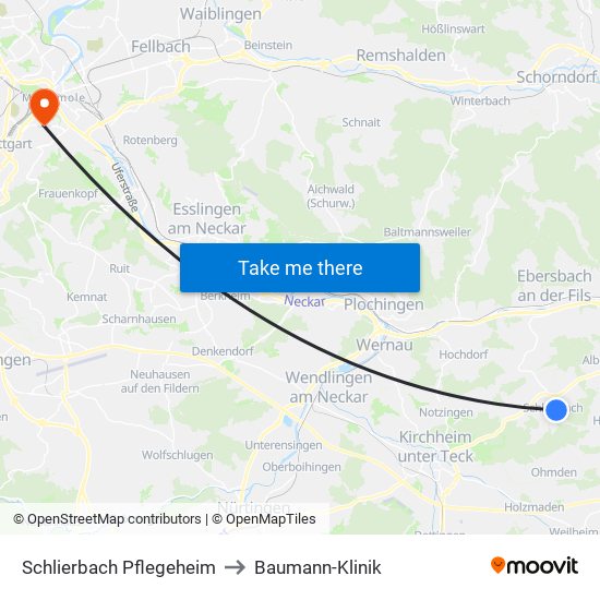 Schlierbach Pflegeheim to Baumann-Klinik map