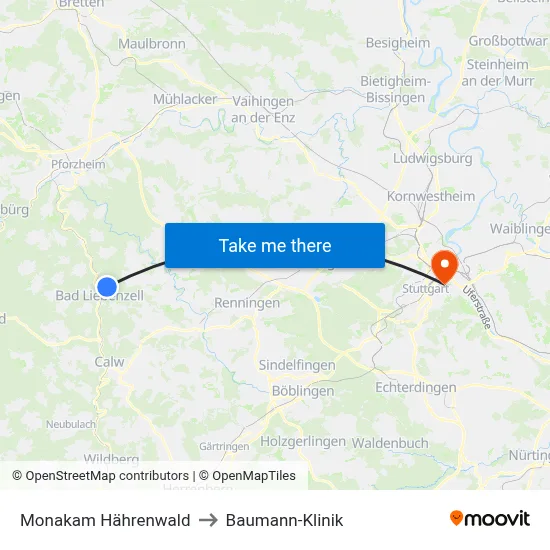 Monakam Hährenwald to Baumann-Klinik map
