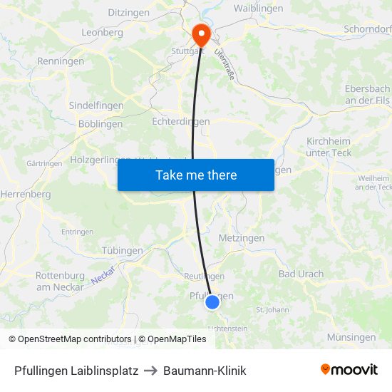 Pfullingen Laiblinsplatz to Baumann-Klinik map