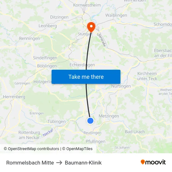 Rommelsbach Mitte to Baumann-Klinik map