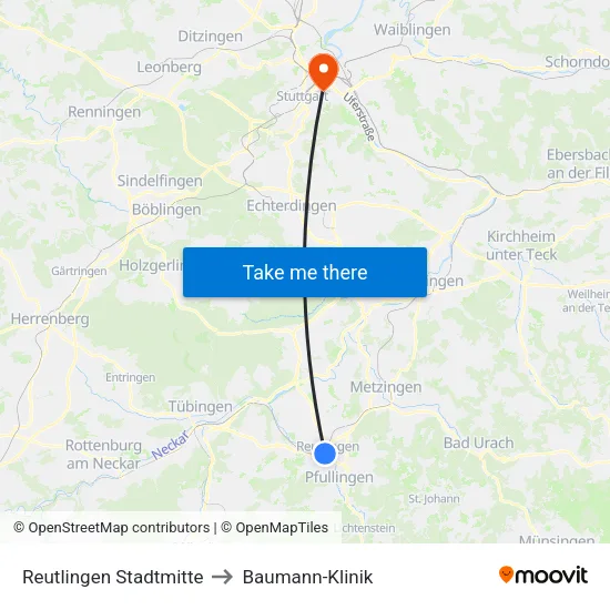 Reutlingen Stadtmitte to Baumann-Klinik map