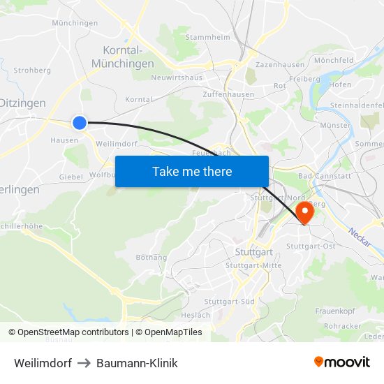 Weilimdorf to Baumann-Klinik map