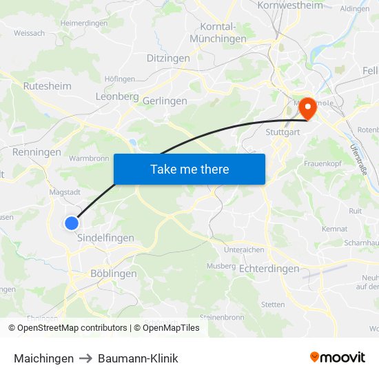 Maichingen to Baumann-Klinik map