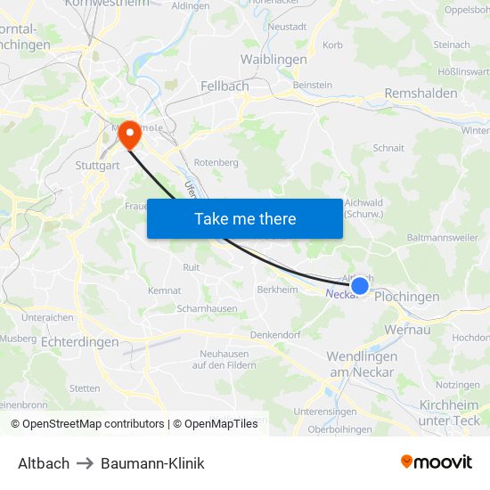 Altbach to Baumann-Klinik map