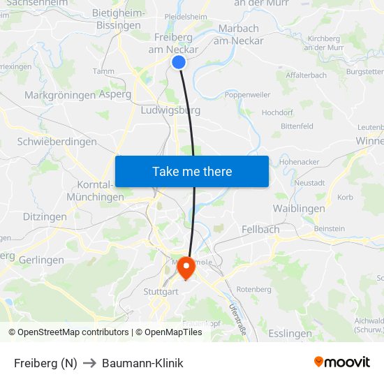 Freiberg (N) to Baumann-Klinik map