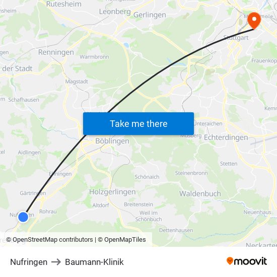 Nufringen to Baumann-Klinik map