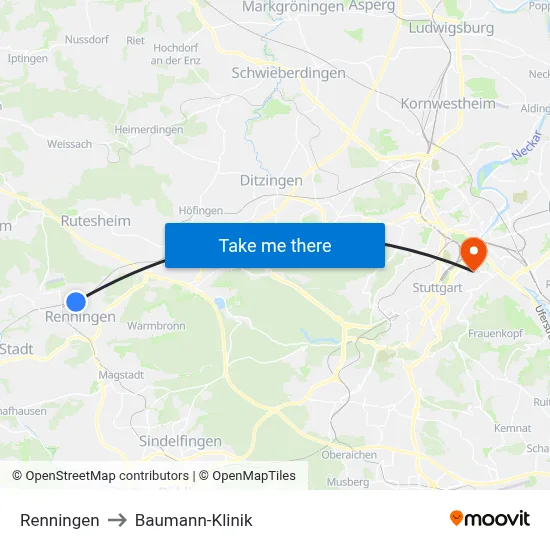Renningen to Baumann-Klinik map