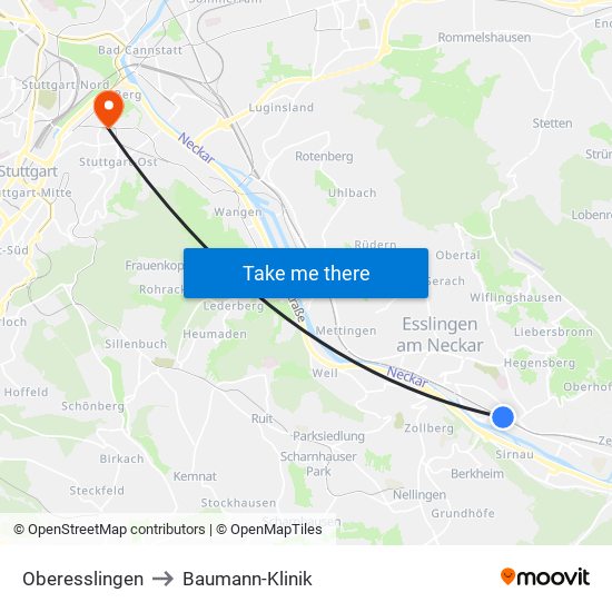 Oberesslingen to Baumann-Klinik map