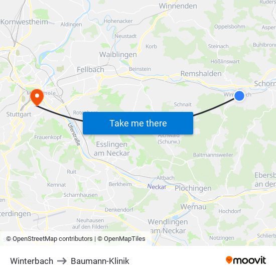 Winterbach to Baumann-Klinik map