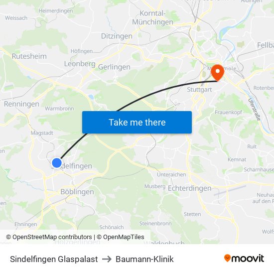 Sindelfingen Glaspalast to Baumann-Klinik map