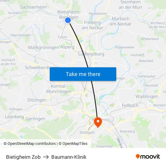 Bietigheim Zob to Baumann-Klinik map