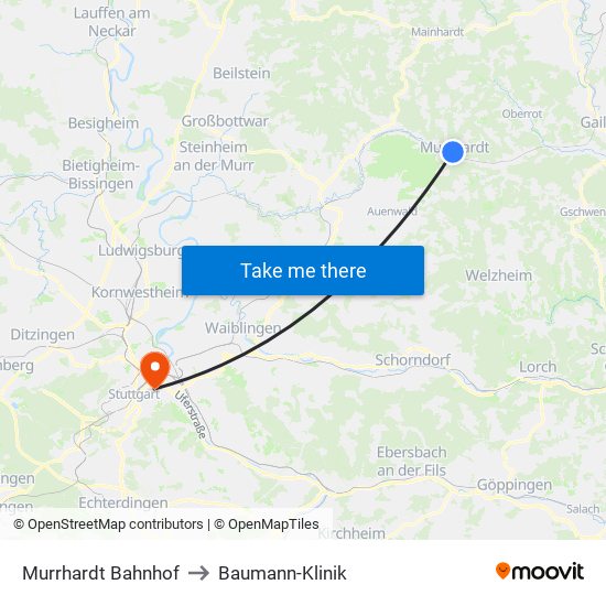 Murrhardt Bahnhof to Baumann-Klinik map